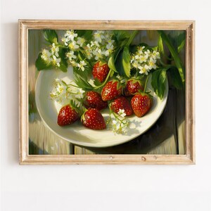 Strawberry Still Life Art, Farmhouse Kitchen Decor, Red and Green Palette (Digital Download)