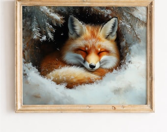 Sleeping Fox Art Print, Winter Woodland Animal Painting, Cozy Forest Wall Decor, Rustic Cabin Artwork, Wildlife Art
