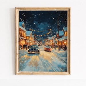 Vintage Snowy Village Intersection Print - Cozy Winter Street Scene, Festive Holiday Decor, Printable Wall Art, Digital Download