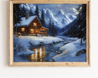 Winter Cabin Art Print, Snowy Forest, Rustic Lodge Wall Decor