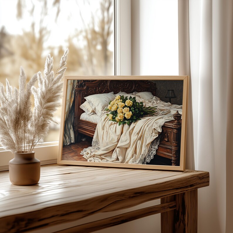 Printable Vintage Bedroom Wall Art - Romantic Bed With Cream Linens ...