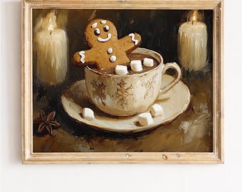 Vintage Gingerbread Hot Cocoa Art Print, Cozy Christmas Kitchen Decor (Digital Download)