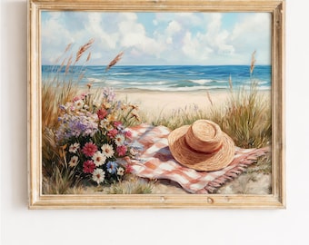 Seaside Picnic Blanket Painting, Coastal Vintage Still Life Art (Digital Download)