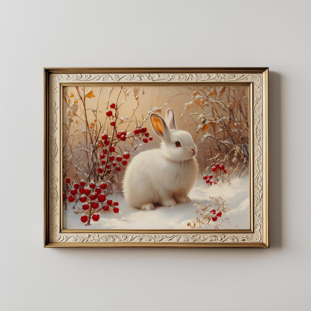 White Bunny Winter Art Print, Snow Rabbit Painting, Woodland Animal ...