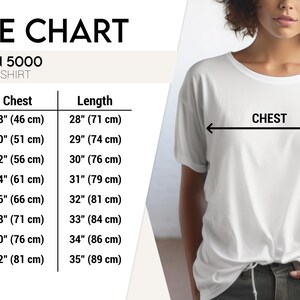 May include: A white Gildan 5000 unisex t-shirt with a size chart. The chart lists sizes S to 5XL, with chest measurements from 46 cm to 81 cm and lengths from 71 cm to 89 cm. The shirt is being measured for chest and length.