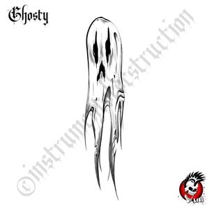 Puede incluir: Ilustración en blanco y negro de un fantasma con la palabra "Ghosty" en fuente gótica. El fantasma tiene una expresión triste y largos apéndices en forma de garra. La imagen tiene un tema espeluznante de Halloween.