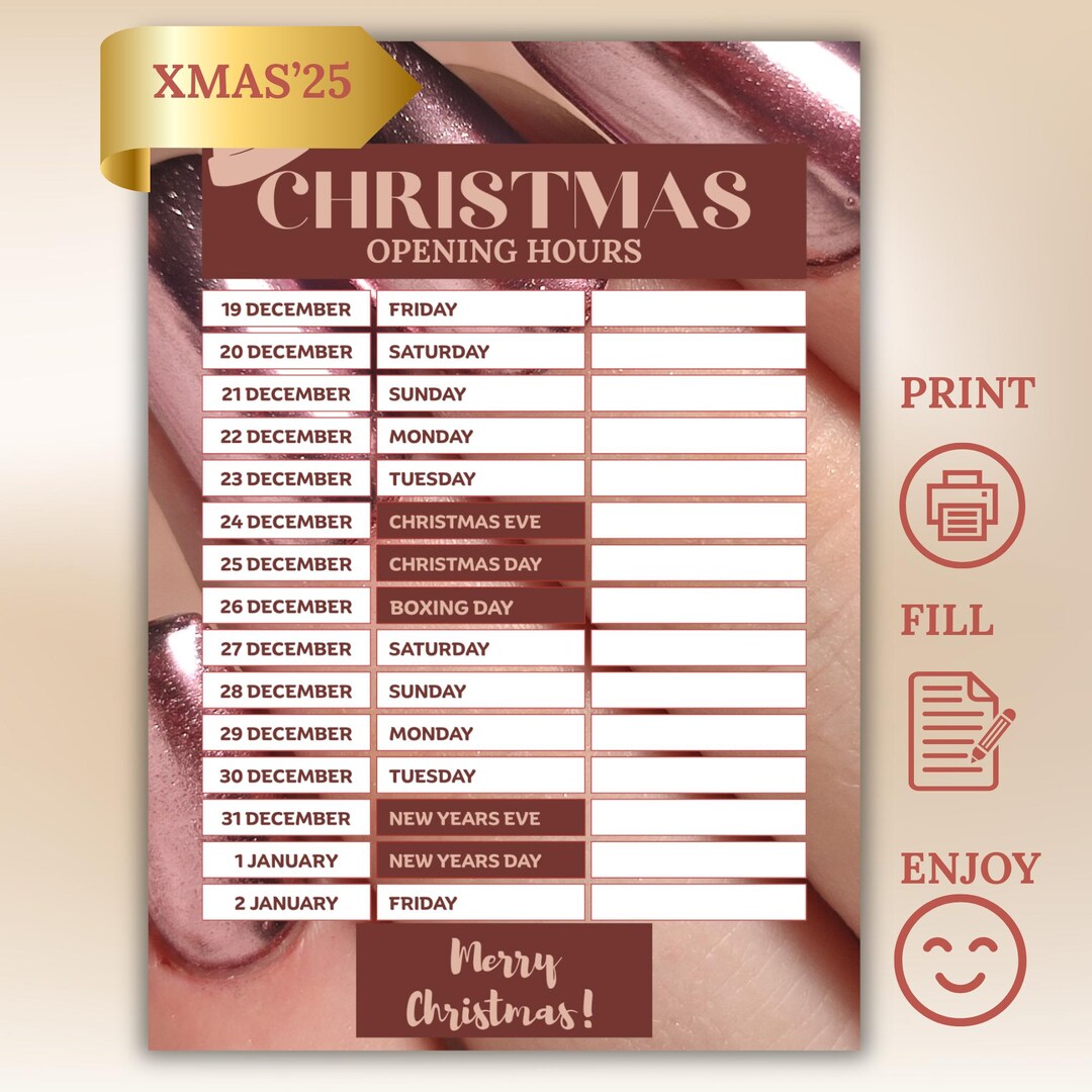 Salon Operating Hours Example Christmas Nail Salon Opening Hours Sign Printable Template (A4 PDF) - Etsy