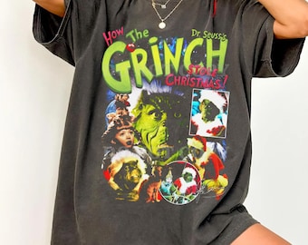 コンフォートカラーズ グリンチ クリスマス ヴィンテージ Tシャツ、グリンチとマックス ドッグ クリスマス シャツ
