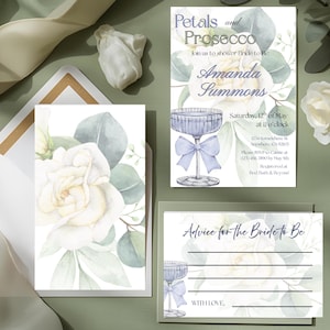Puede incluir: Conjunto de papelería de boda con diseños florales y botánicos. La invitación dice "Petals and Prosecco" con el nombre de la novia, la fecha y la hora. Incluye una tarjeta RSVP y una tarjeta de consejos.