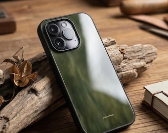 Moss Green Marble iPhone Case, Glossy Tempered Glass, Dark Colour Stone Texture, Soft Edges, Suitable for iPhone 17 Pro Max