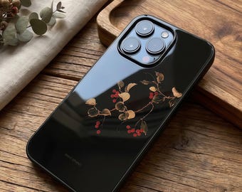 Raspberry Floral iPhone Case, Retro Ink Painting, Tempered Glass