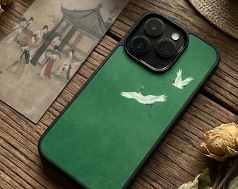 Emerald Green Crane iPhone Case, Matte Chinese Art Phone Cover, Flying Bird Design, Japanese Aesthetic, iPhone 16 15 14 13 12  Pro Max