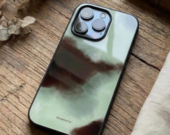 Abstract light green iPhone 17 phone case, suitable for iPhone 17/16/15/14/13 Pro Max. Watercolor ink tempered glass shell