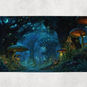 May include: A rectangular bath mat featuring a fantasy forest scene. The image depicts a path winding through a glowing, blue-toned forest with large mushrooms and sparkling lights. The artwork evokes a magical, whimsical atmosphere.