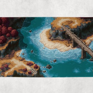 May include: A detailed pixel art landscape depicting a river, cliffs, and a beach. A stone bridge connects to an island. The colour palette includes shades of brown, teal, and red, creating a detailed map, reminiscent of a video game scene.