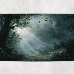 May include: A rectangular bath mat featuring a serene forest scene. Sunlight streams through the trees, illuminating a path. The color palette includes shades of green, brown, and white, with a few birds in flight. The overall theme is nature and tranquility.