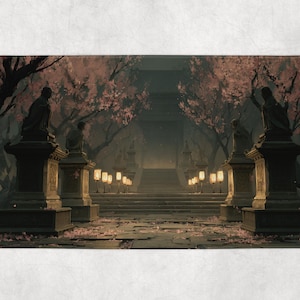 May include: A rectangular bath mat featuring a serene Japanese garden scene. The image depicts a stone path leading to a temple, lined with statues and lanterns. Cherry blossom trees frame the path, with pink petals scattered on the ground.