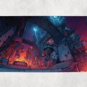 May include: An artistic illustration of a futuristic city interior with arched doorways and glowing orbs. The color palette includes shades of blue, orange, and purple, creating a dramatic and otherworldly atmosphere. The image has a detailed, comic book style.