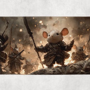 Tapete de juego MTG Comandante Ratón con arte de líder de ejército de fantasía adorable, 14x24, Commander EDH.
