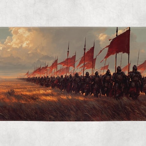 May include: A bath mat featuring a digital painting of an army marching across a field. The soldiers are clad in dark armor and are accompanied by red flags. The sky is filled with clouds and the field is golden.