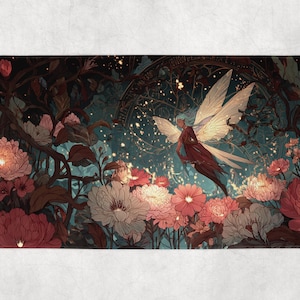 May include: A rectangular decorative mat featuring a fantasy illustration. A fairy with large, detailed wings and flowing hair floats above a garden of pink and white flowers. The background includes a dark, starry sky and ornate details.