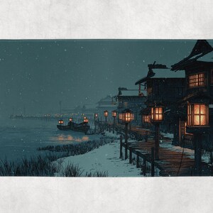 May include: A serene, digitally-created scene of a snowy night in a Japanese village. Wooden buildings with lit lanterns line a pier along a dark body of water. A boat with lights floats in the distance, and snow falls gently.