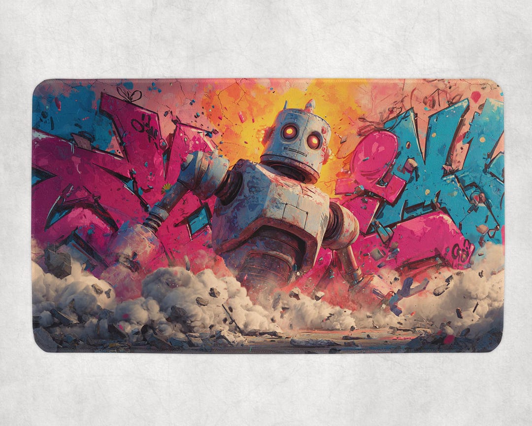 Retro Robot Graffiti Playmat | Giant Mech Breaking Wall MTG Mat ...