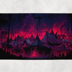 May include: A rectangular bath mat with a digital art illustration of a circus or carnival scene. The image shows many tents under a dramatic, fiery red and purple sky. The overall aesthetic is dark and atmospheric.