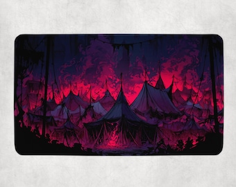 Infernal Carnival MTG-mat | Donkere circustenten met vuur en rook in stripstijl | Magic the Gathering Horror-speelmat cadeau