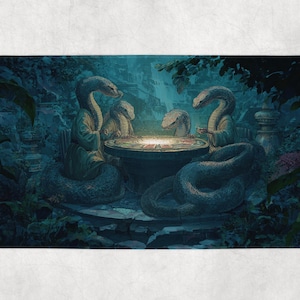 May include: A rectangular bath mat featuring a fantasy scene of anthropomorphic snakes playing cards around a table. The snakes are draped in robes, set in a lush, blue-toned jungle environment. The artwork has a mystical, surreal quality.
