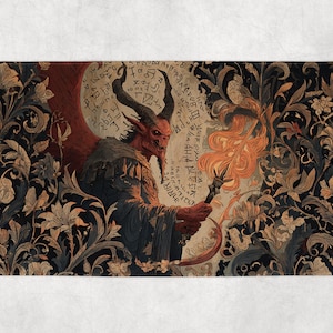 May include: A rectangular decorative mat featuring a detailed illustration of a red demon with horns, holding a staff with a flame. The background includes floral patterns in shades of black, brown, and gold, with a circular design behind the demon.