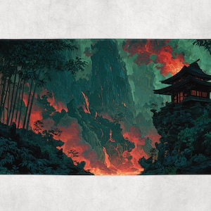 May include: A rectangular bath mat featuring a digital art landscape. The scene depicts a Japanese pagoda on a cliff, surrounded by lush green foliage and fiery red lava flows. The artwork has a fantasy theme.