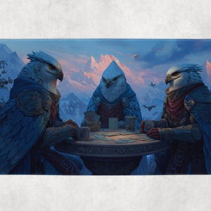 Puede incluir: Alfombra de baño rectangular con una representación artística de tres búhos antropomórficos jugando a las cartas. Están vestidos con túnicas ornamentadas, sentados alrededor de una mesa, con una cordillera y un cielo crepuscular de fondo. La paleta de colores incluye azules, morados y marrones.