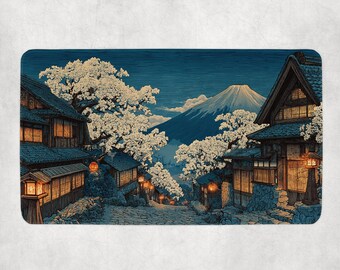 MTG-speelmat | Besneeuwde speelmat met Japans dorpsthema | Niet-officiële MTG-speelmat | Cadeaus voor gamers | 14 x 24 inch
