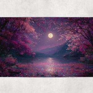 May include: A rectangular bath mat featuring a serene landscape. The image depicts a full moon over a lake, surrounded by trees with pink and purple foliage. The water reflects the moonlight, creating a tranquil and dreamy scene.