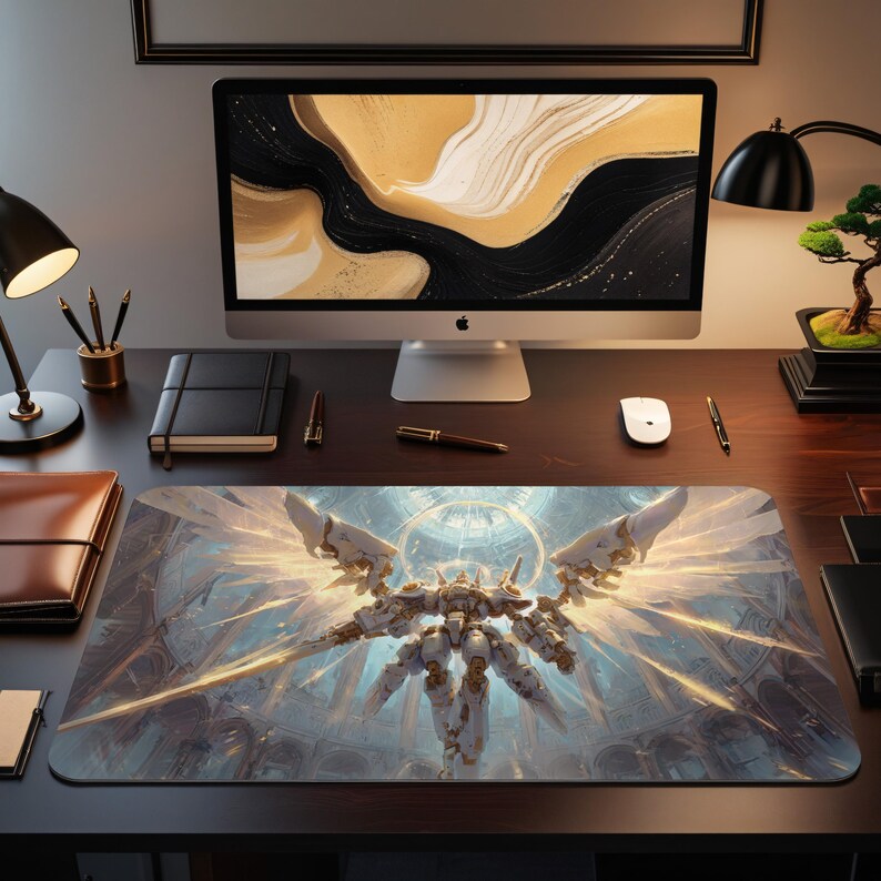 May include: A large rectangular desk mat featuring a detailed illustration of a white and gold mechanical figure with large wings, set against a backdrop of a futuristic architectural design. The mat is on a dark wooden desk with a computer, desk lamp, and other office supplies.