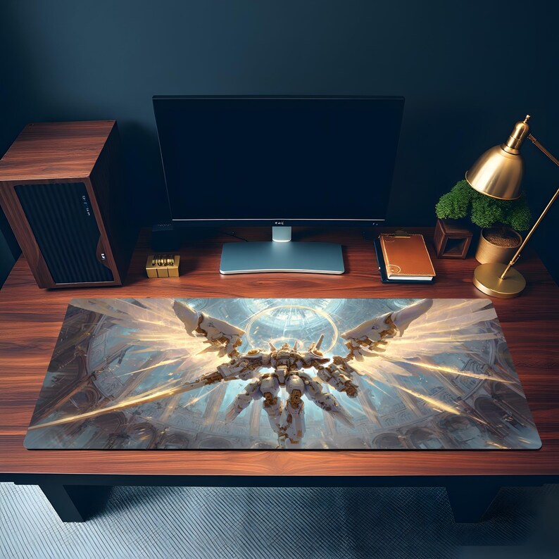 May include: A rectangular desk mat featuring a detailed illustration of a white and gold mechanical figure with large wings, set against a backdrop of light and celestial elements. The mat is on a wooden desk.