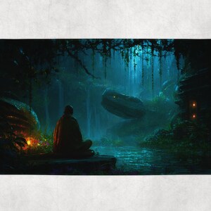 May include: A rectangular mat with a digital painting of a person meditating in a mystical forest. The scene is lit by soft, glowing lights and a waterfall, creating a serene atmosphere. The color palette is dominated by deep blues and greens, evoking a sense of calm.