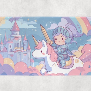 May include: A whimsical illustration features a knight riding a unicorn, set against a pastel sky with a castle and rainbow. The knight wears silver armor and holds a golden sword. The unicorn has a pink mane and horn, with fluffy clouds surrounding them.