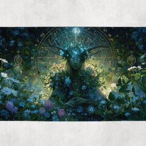 Peut inclure: Un tapis rectangulaire représentant une scène de forêt mystique. Une figure avec des bois et une couronne florale est entourée d'une verdure luxuriante, de fleurs blanches et bleues et d'un motif céleste. L'œuvre a un thème fantastique.