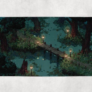 Peut inclure: Un tapis de bain rectangulaire avec une illustration pixélisée d'une scène de marais. Un pont en bois avec des lampadaires traverse l'eau, entouré d'arbres et de verdure luxuriante. La palette de couleurs est dominée par les verts foncés et les bleus.