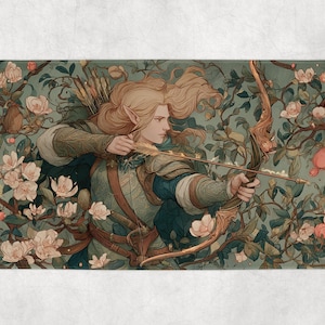 Puede incluir: Alfombra rectangular con una ilustración de un arquero con largo cabello rubio, apuntando con un arco. La imagen está ambientada entre ramas florecidas y follaje en tonos verdes, rosas y crema. El estilo evoca una pintura vintage.