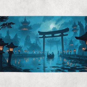 May include: A blue and teal bath mat depicting a tranquil Japanese scene. The image shows a body of water with a boat, a large torii gate, and traditional buildings. Lanterns line the water's edge, and the sky is a gradient of blue.