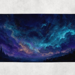 May include: A rectangular bath mat featuring a vibrant depiction of a starry night sky. The artwork showcases swirling clouds in shades of blue, purple, and teal, with a silhouette of a forest at the bottom.