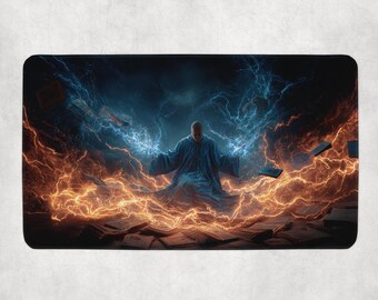 Dual Element Wizard MTG Playmat | Blue Lightning & Orange Flame
