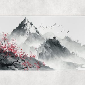 Puede incluir: Una alfombra decorativa rectangular con un sereno paisaje de inspiraci&oacute;n asi&aacute;tica. El dise&ntilde;o muestra una cordillera en tonos grises, con una pagoda y &aacute;rboles de flores rojas. Se ven p&aacute;jaros volando en el cielo.