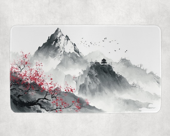 Mountain MTG Playmat Sumi E Ink Wash Peaks Red Blossom Landscape 14x24 Commander EDH Trading Card Game Mat