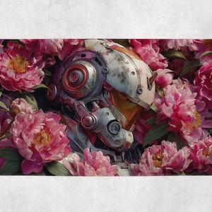 May include: A digital art print featuring a futuristic robotic helmet partially obscured by vibrant pink peonies. The helmet has a weathered, metallic appearance with orange and red accents, set against a backdrop of lush, detailed floral elements.
