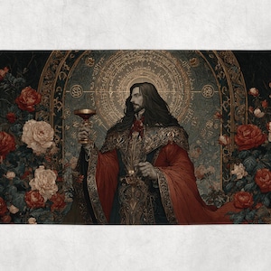 May include: Rectangular bath mat featuring a detailed illustration of a figure in ornate robes holding a chalice. The figure is surrounded by roses in shades of red and cream, with a backdrop of an arched window and golden accents.