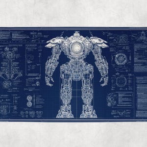 Op de afbeelding: Een blauwdruk-achtige illustratie van een grote robot, weergegeven in witte lijnen tegen een donkerblauwe achtergrond. Het ontwerp bevat gedetailleerde mechanische schema's en technische tekeningen, die lijken op een technisch plan. De robot staat centraal, met armen en benen uitgestrekt.